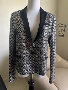 The Kooples Black & Silver Geometric Shawl Collar Blazer